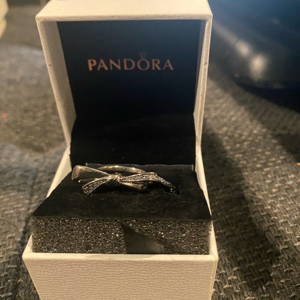 Pandora Silver Bow Ring with Sparkling Accents